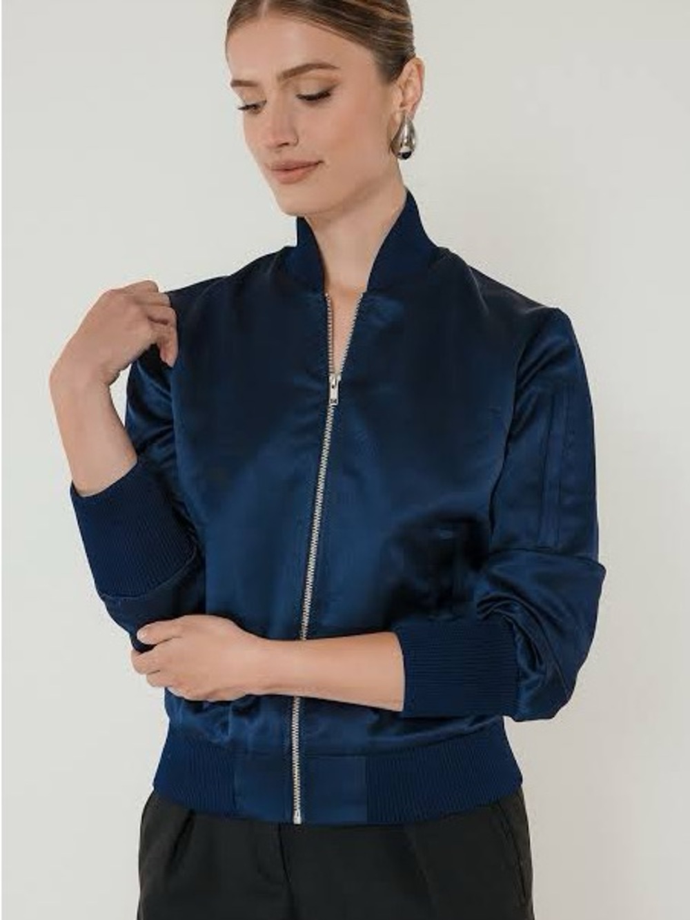 hinge Navy Satin Bomber Jacket